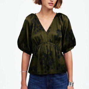 Madewell Shirred Puff-Sleeve Top in Satin -  Mossy Umber - Size XL